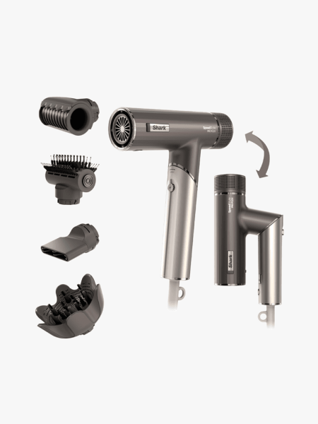 Shark SpeedStyle Pro FLEX in branded component with multiple attachments on a light gray background