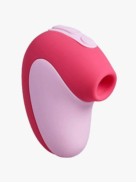 Pink and red Unbound Puff sex toy on light gray background