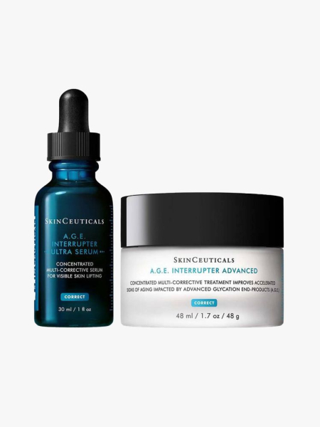 SkinCeuticals A.G.E. Interrupter Duo blue serum bottle and jar of moisturizer on light gray background