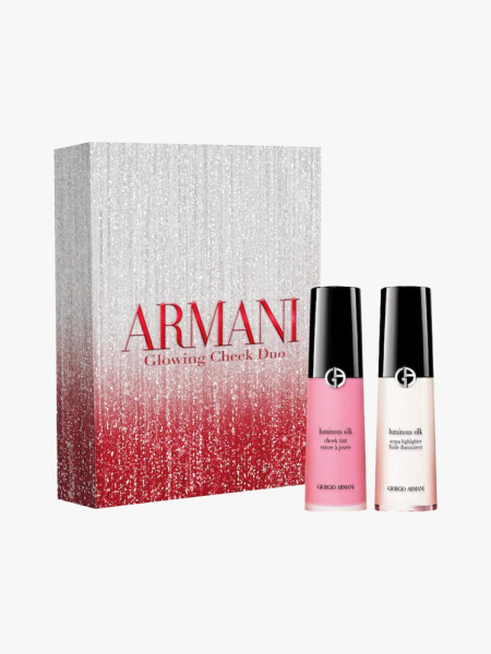 Armani Glowing Cheek Liquid Blush & Highlighter Gift Set in branded components on a light gray background