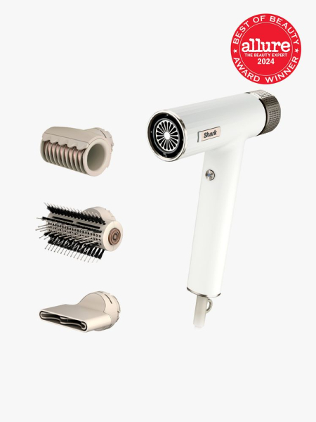 shark speedstyle blow dryer in white and gray color way with three different attachments on light gray background with red and white 2024 allure best of beauty seal
